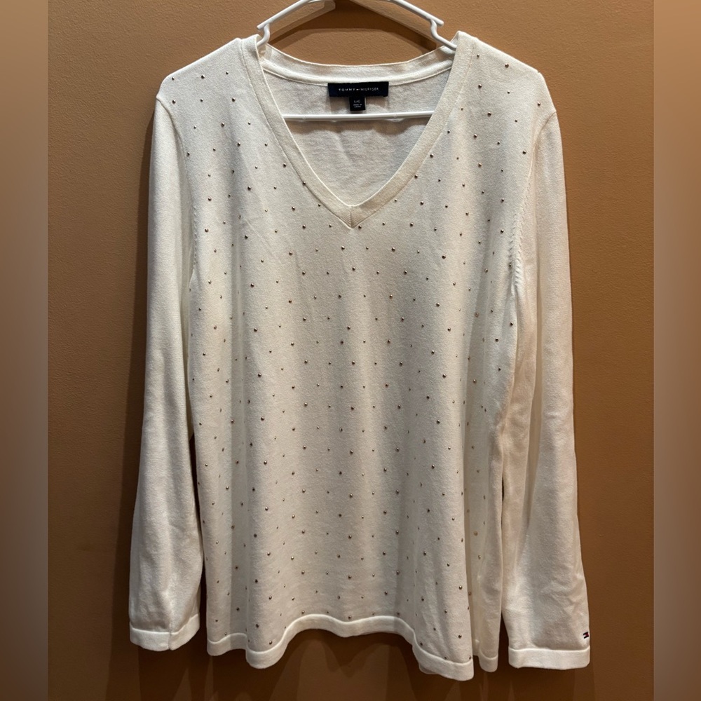 Tommy Hilfiger Ivory V Neck Sweater with Dotted Stud Design Size L 100% Cotton